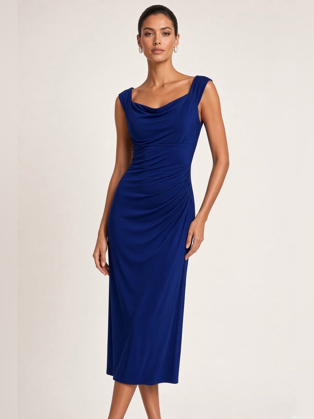 Scarlett Royal Navy Draped Sleeveless Midi Dress